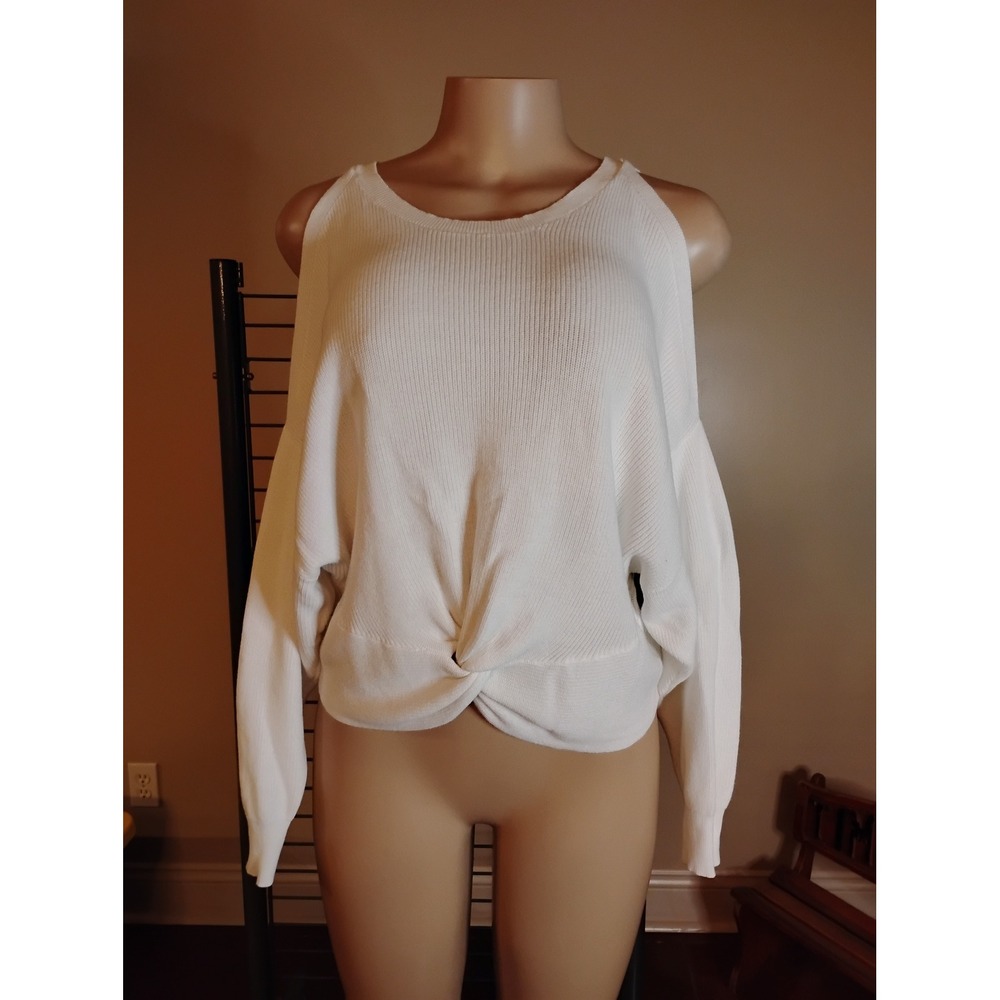 Express Womens White Ribbed‎ Cold Shoulder Twist Front Dolman Sweater Small